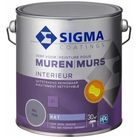 Sigma Peinture Murale - Intérieur - Mat - Excellent Nettoyage - Conservation Durable Des Couleurs - Très Bonne Couverture - RAL 7045 - Gris - 2,5 Litres 1 Sigma Peinture Murale - Intérieur - Mat - Excellent Nettoyage - Conservation Durable Des Couleurs - Très Bonne Couverture - RAL 7045 - Gris - 2,5 Litres